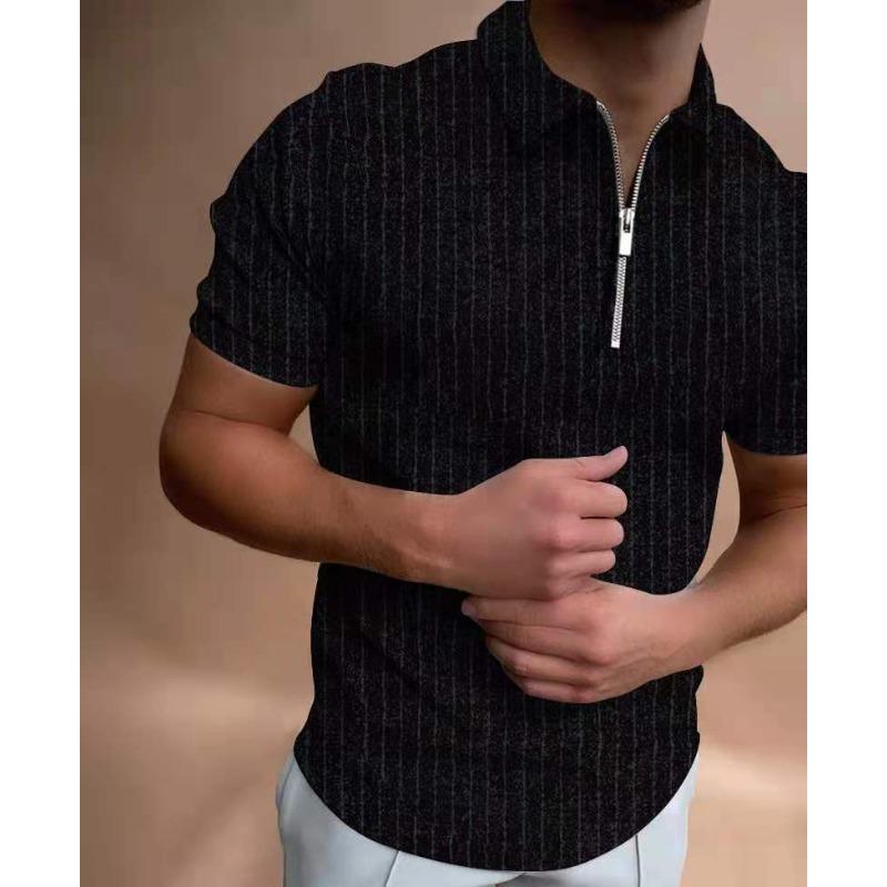 Summer Polo Shirt Zipper Striped Short Sleeved Men's T-shirt Top