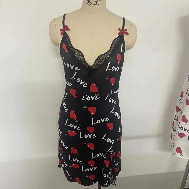 Damen Nachtwäsche Nachthemd Sexy Dessous Love Printed Neckholder Rückenfreies Minikleid Lässiger Pyjama Schlafhemden Nachthemden