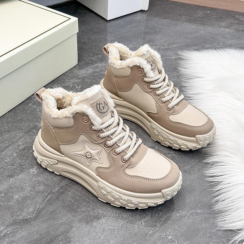 Freizeit Faux Pelz Gefütterte Schneestiefel Schuhe für Damen Zum Hineinschlüpfen Schnürung Klobige Plateau Knöchel Stiefel Winter Warm Kurze Stiefel Damen High Top Laufschuh