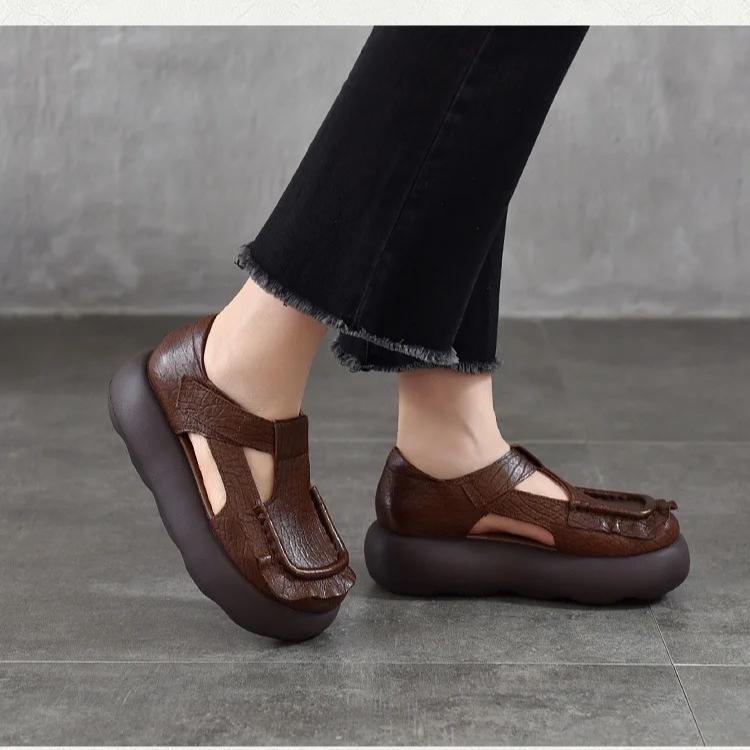 Johnature Retro Genuine Leather Roman Sandals Comfortable And Versatile Round Toe Thick Soled Women's Shoes