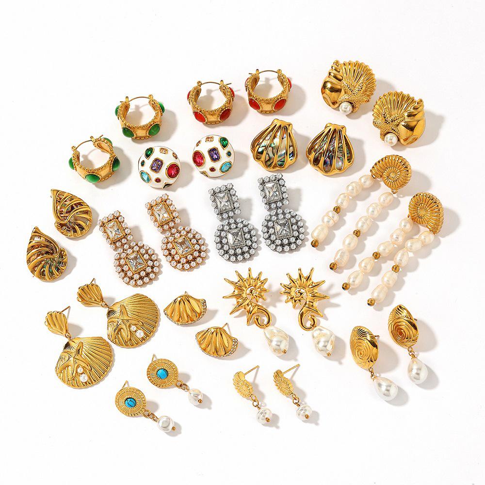 Yingtai Retro Geometric 18k Gold-Plated Stainless Steel Conch-Shaped Earrings