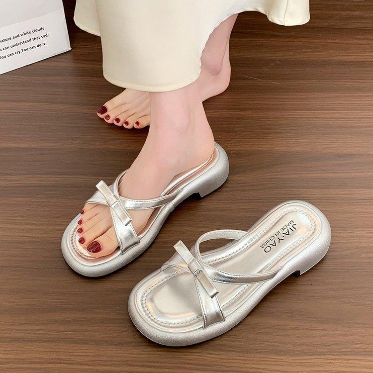 French bow cool slippers fairy shoes children 2025 new summer soft sole with skirt sandals silver slippers