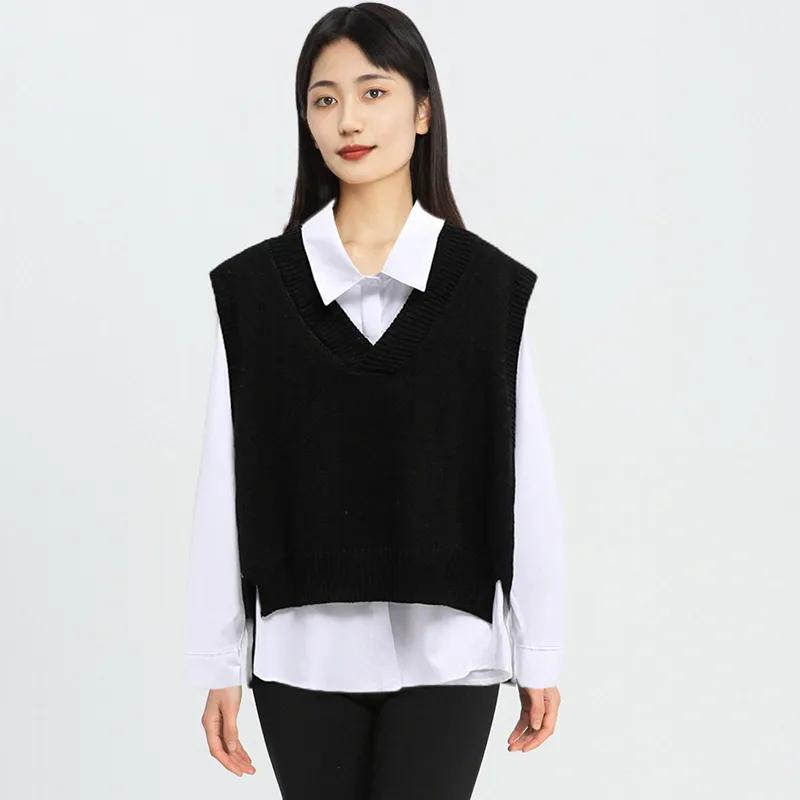 

Женский свитер, жилет с v-образным вырезом, вязаный топ, корейский модный вязаный свитер, весна и осень M чёрный
