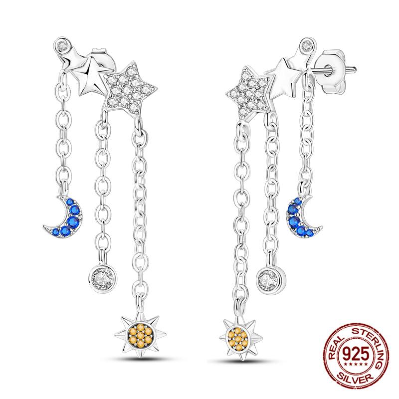 Original 100% 925 Silver Geometric Sun Moon And Stars Tassel Women's Earrings Party Anniversary Gift