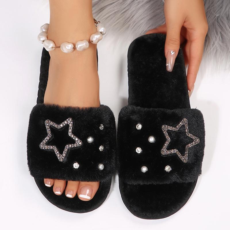 

Fashion Rhinestone Star Fluffy Home Slippers for Women Soft Sole Lightweight Plush Bedroom Slides Woman Non Slip Comfort Floor Slippers 42-43 чёрный