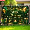2D "Happy Birthday" Greenery Backdrop, Gold Text with Balloon & Gift Box Photography Background