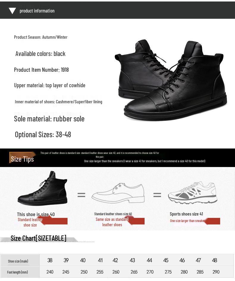 Trendy Men's High-Top Cowhide Leather Sneakers In Korean Style, Plus Size 48