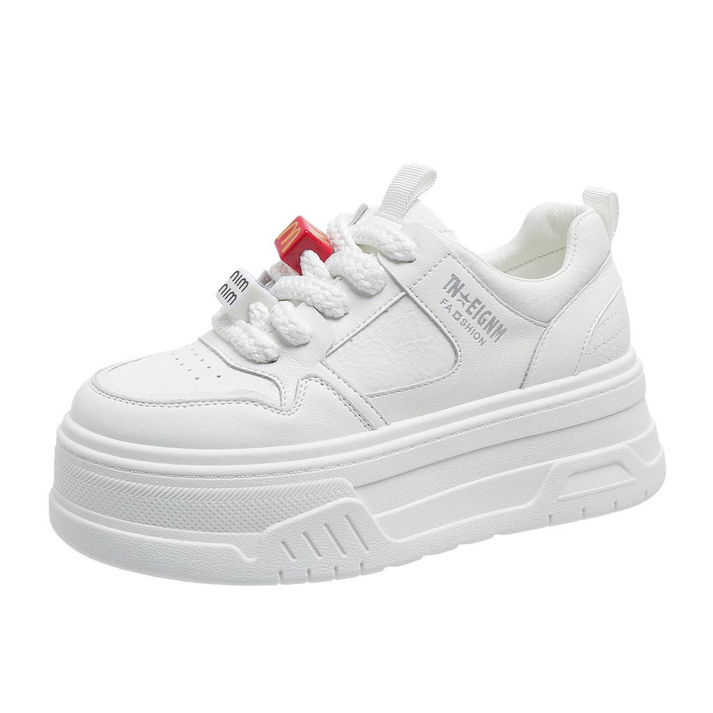 Platform white shoes women's 2025 spring new round head lace-up versatile height-increasing sports and leisure board shoes