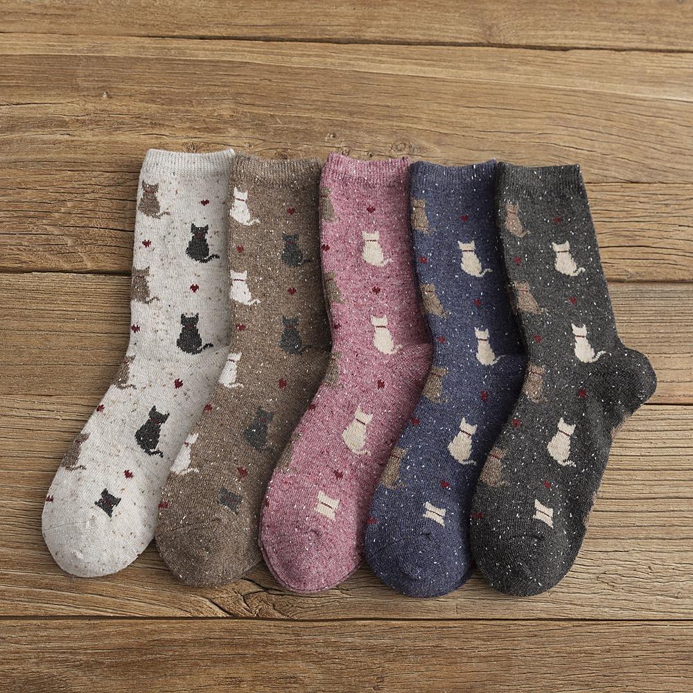 Women Socks Autumn And Winter Thicken Wool Middle Tube Socks Cute Cartoon Cat Printing Japanese College Style Loose Stockings