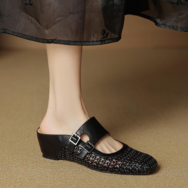 Elegant temperament inner height increase belt buckle bag head sandals summer new casual woven hollow outer wear thick heel slippers