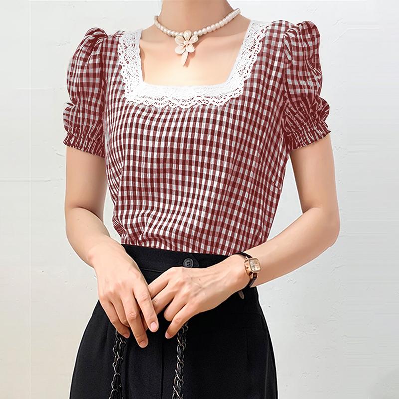 

VONDA Summer Women Square Collar Plaid Lace Hem Patchwork Puff Sleeve T-shirts M