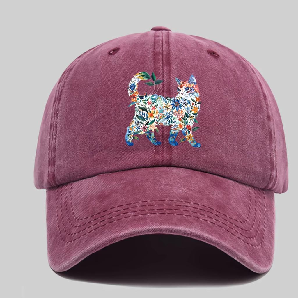 Retro Watercolor Flower Cat Graphic Baseball Cap Washed Dad Hat Adjustable Comfortable And Versatile