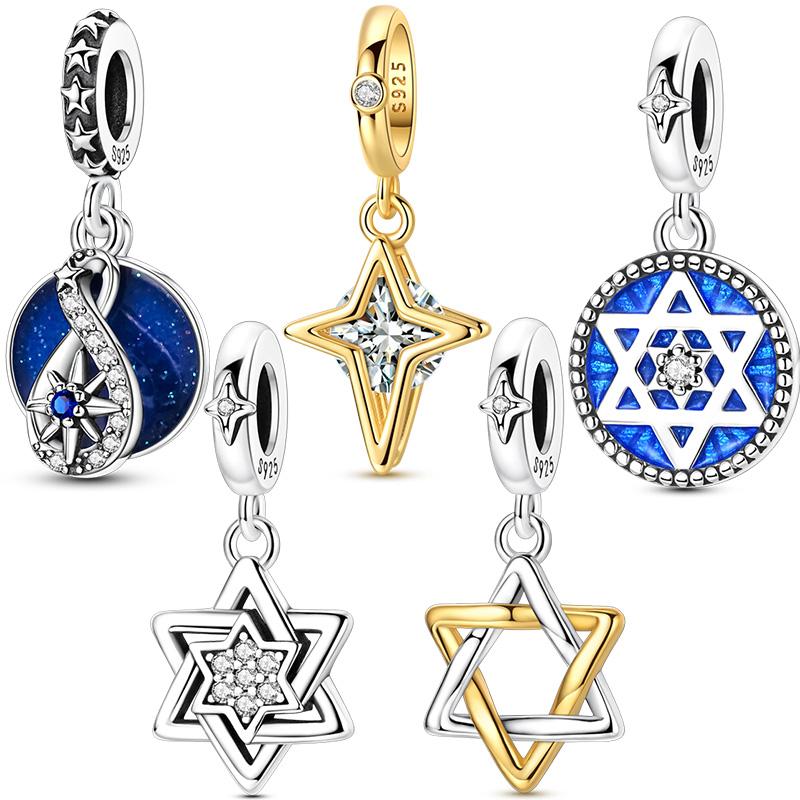 Ciondolo Stella Esagramma in Argento 925 Perla Charms per Bracciale Fai da Te Collana Gioiello Regalo Donna Uomo
