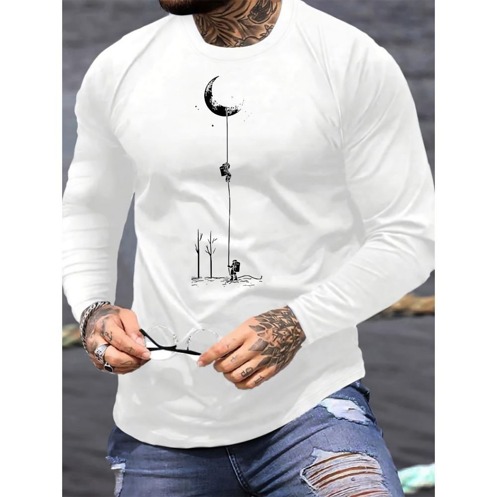 Men's Casual Sports Landing Moon Pattern Printed Round Neck Long Sleeved T-shirt Top