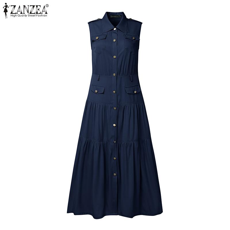 

ZANZEA Женское элегантное повседневное платье без рукавов с лацканами, на пуговицах, плиссированное, длинное 5XL темно-синий