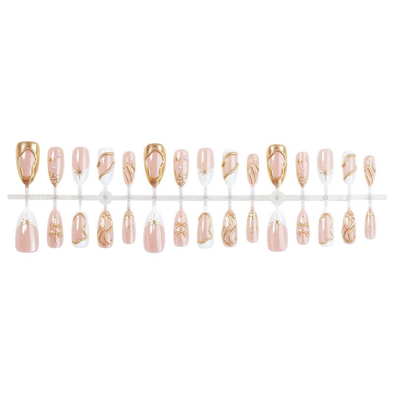 30pcs Almond Shaped Cat Eye Nails with 3D Gold Foil, Pearl, and Rhinestone Decor
