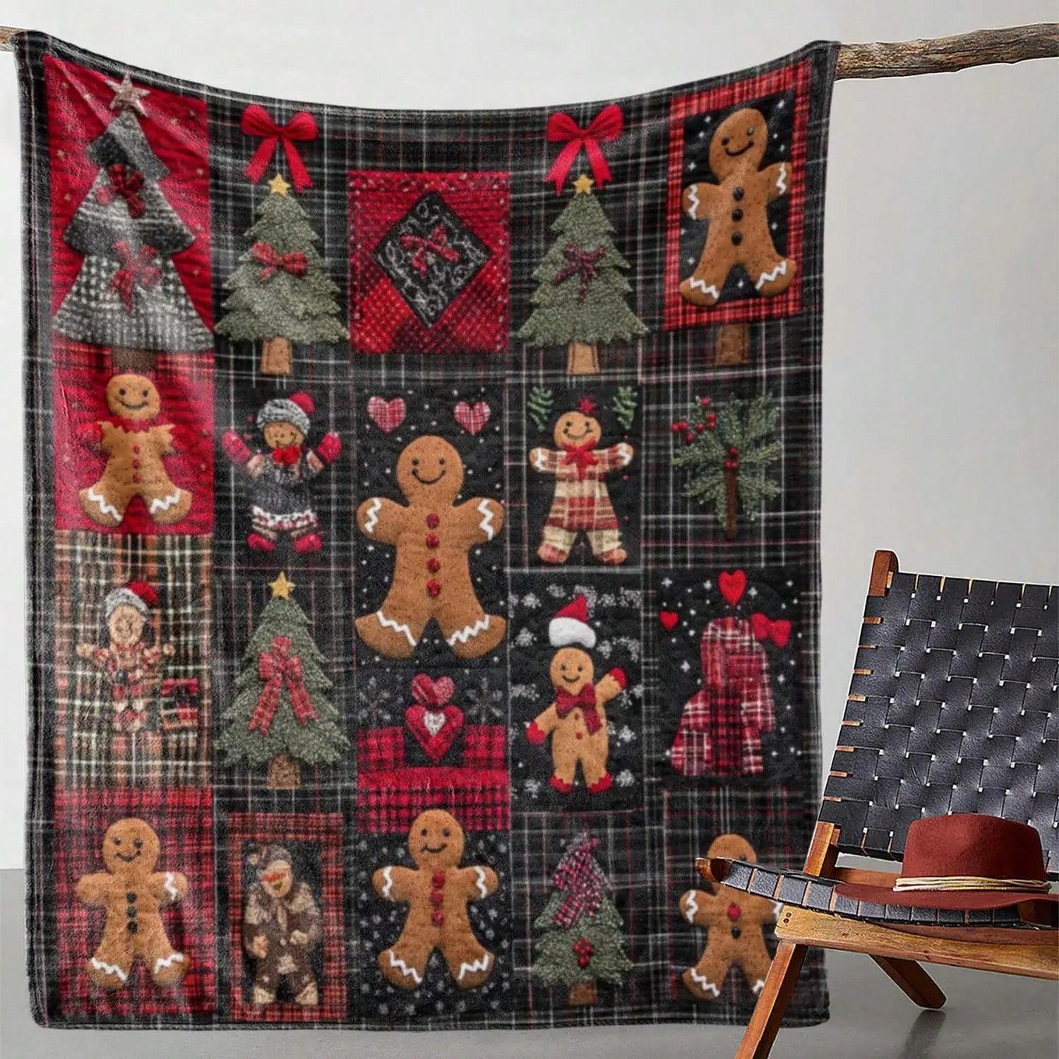

Vintage Christmas Gingerbread Man and Cedar Tree Plaid Print Blanket for Sofa Bed Office Travel Ideal Gift for Any Occasion 30x40in