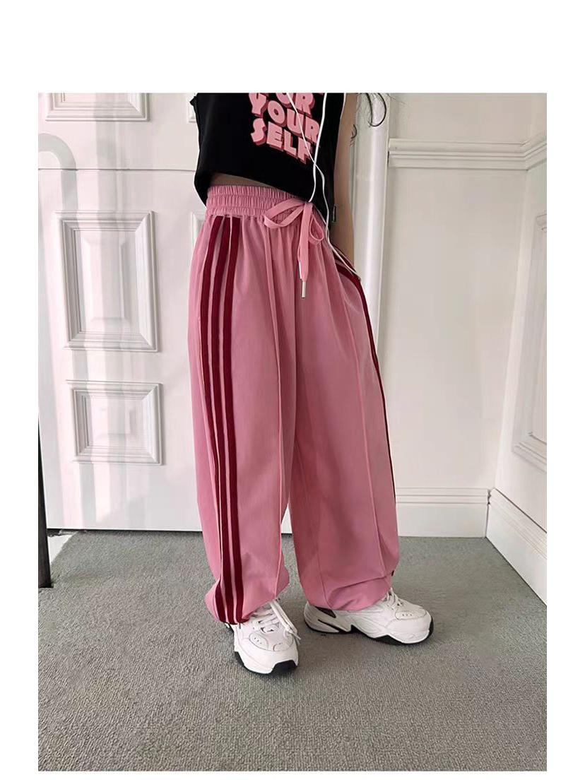 

Полосатые широкие спортивные брюки Ice Silk для девочек - корейский стиль, летние повседневные, детские эластичные брюки от среднего до большого размера 150 cm красный