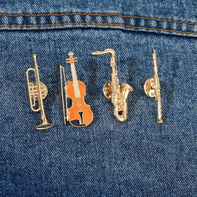1Pcs Symphony Orchestra Badge Funny Musical Instruments Enamel Brooches Trumpet Clarinet Saxophone Violin Shaped Golden Pins