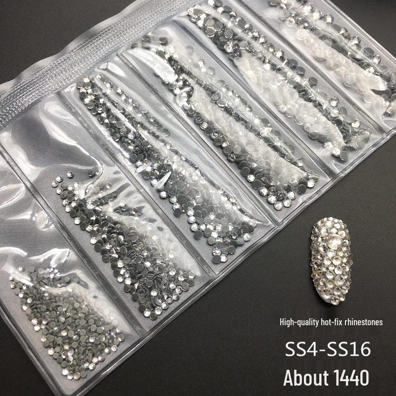 6-Grid Flat-Back Nail Art Rhinestone Set (1440pcs) - Mixed AB & Clear Glass Rhinestones Nail Decorations