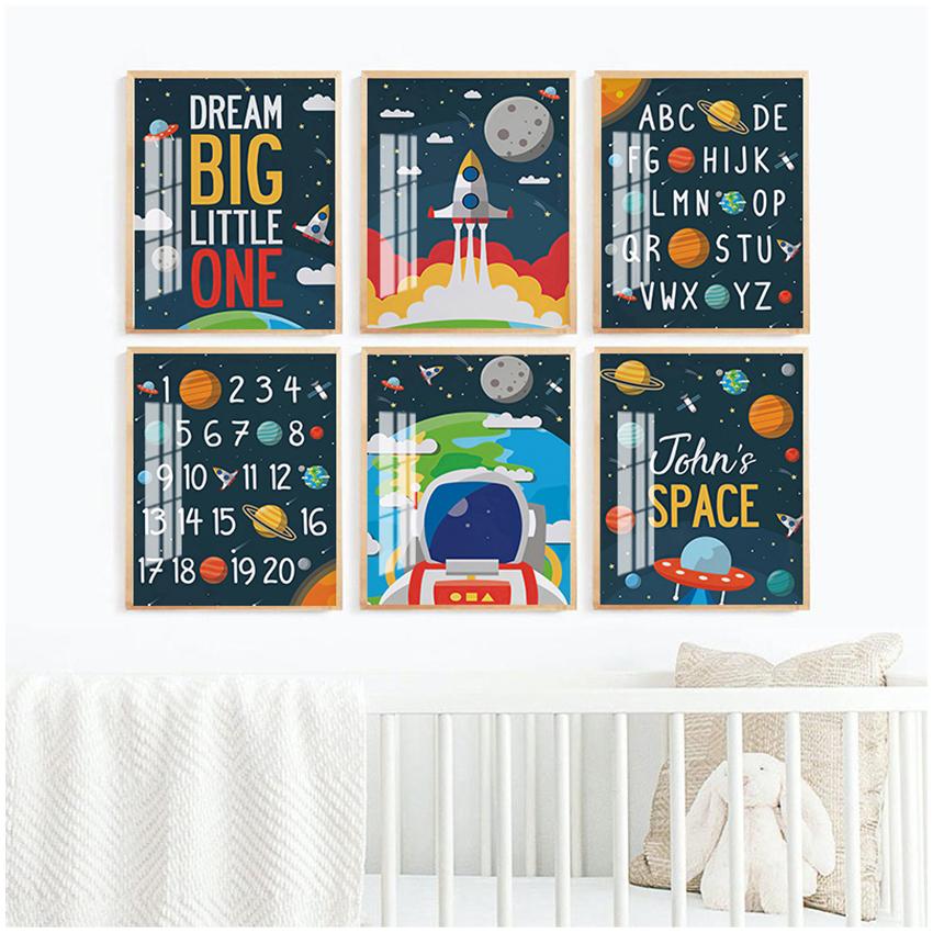 Posters And Prints Wall Pictures Baby Kids Room Decor Custom Name Astronaut Alphabet Numbers Nursery Wall Art Canvas Painting