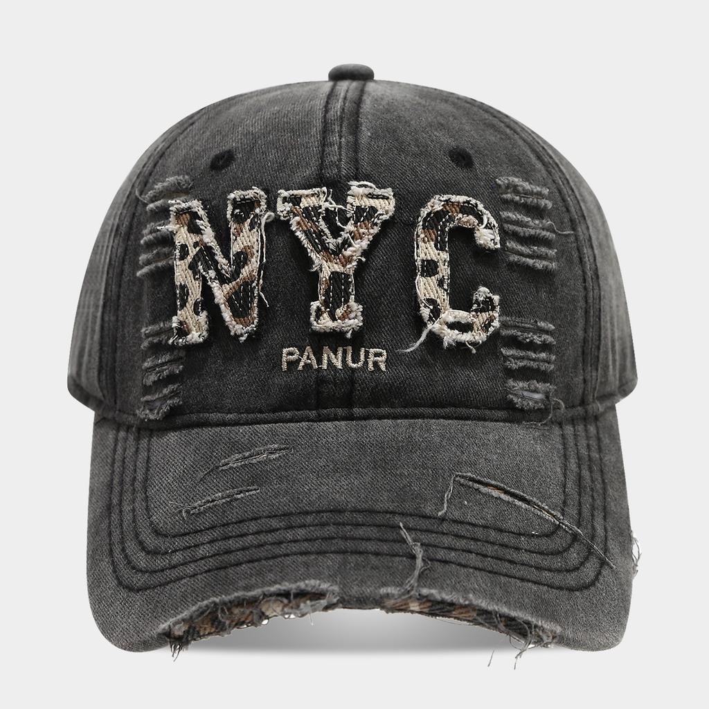 American personality trend leopard print English letters NYC ripped baseball cap men's and women's street fashion retro cap