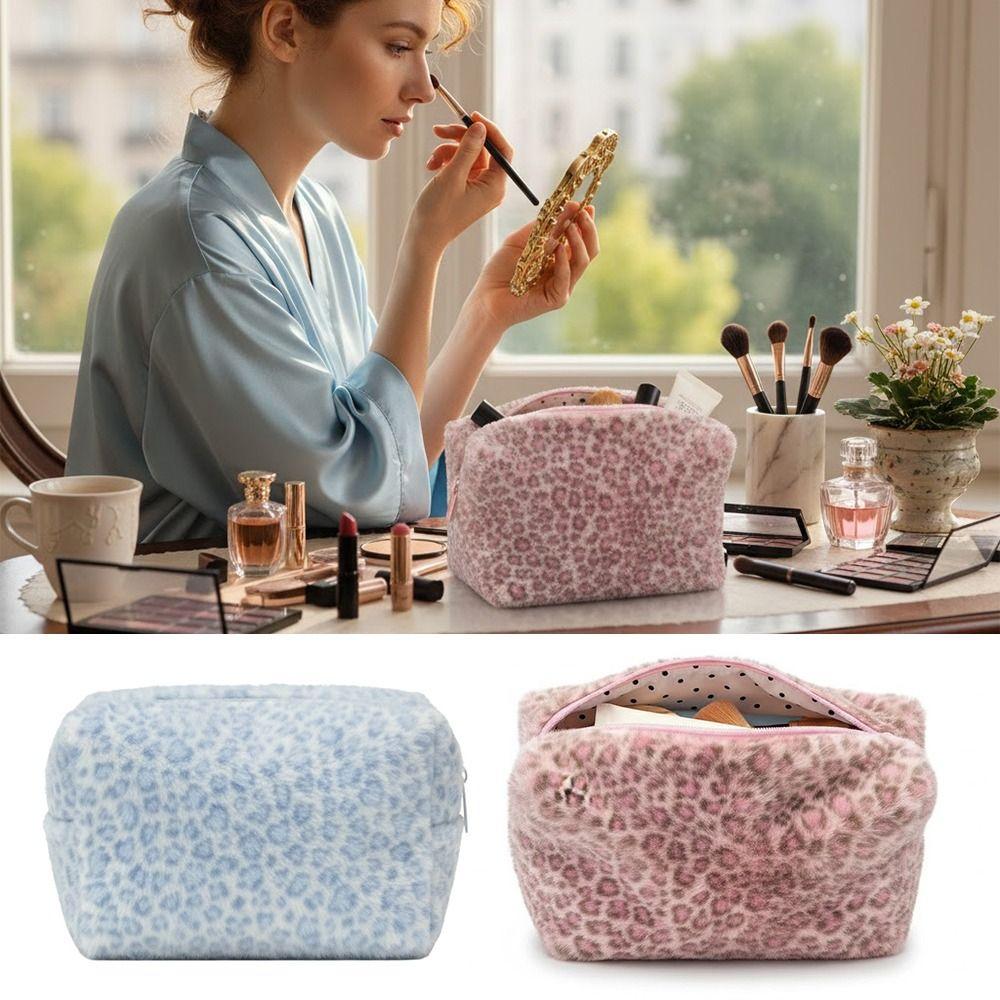 High Quality Fuzzy Makeup Bag Leopard Print Portable Toiletry Organizer Large Capacity Cosmetic Bag Girls