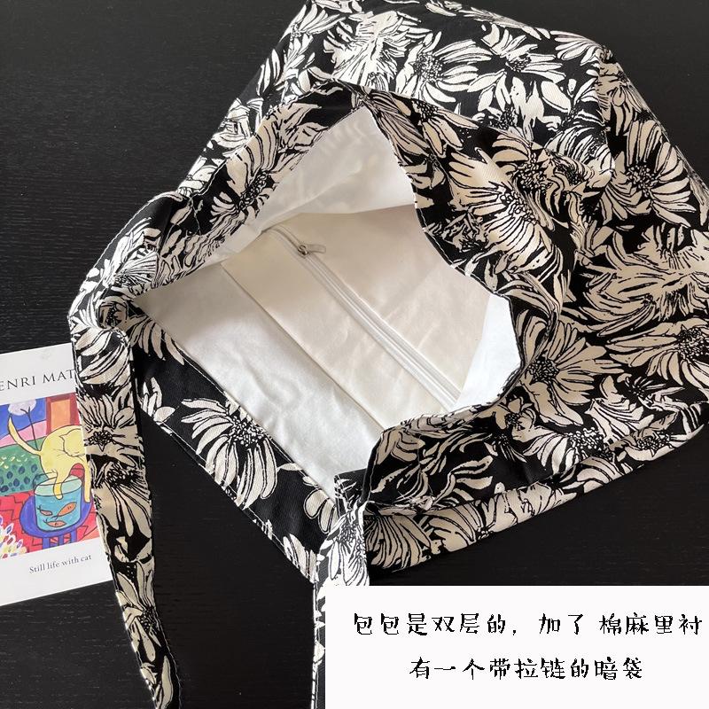 

New Chinese-style black floral pure cotton cloth bag lazy retro versatile cotton and linen shoulder bag messenger bag large-capacity women s bag