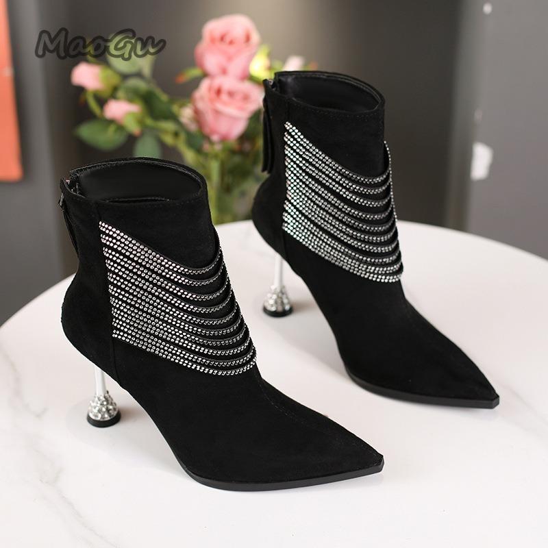 Stiletto Fashion Short Boots Women s Autumn Winter Rhinestone Chain Back Zipper High Heel Boots for Women s Party Footwear 35-40 35 чёрный
