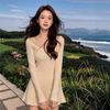 2026 early autumn new temperament waist thin knitted V-neck A word waist pinched short dress dress children sexy pure desire