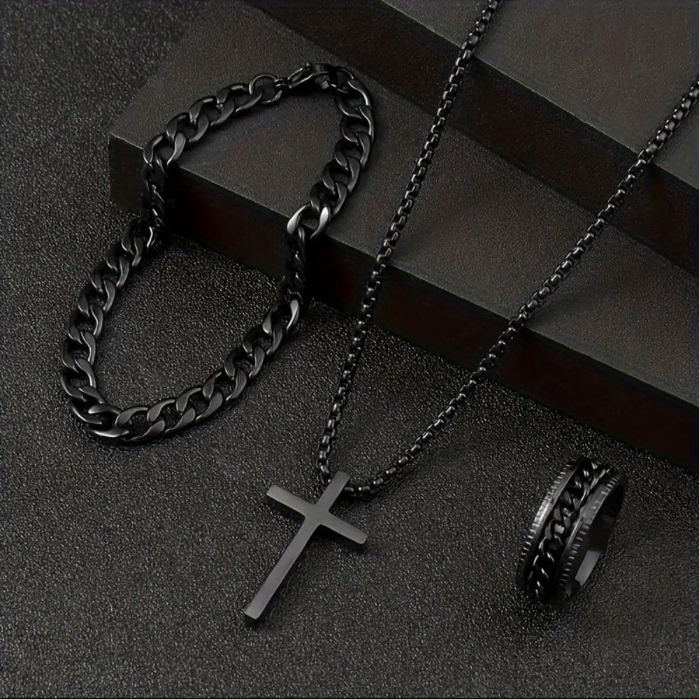 3-piece men's multi-functional jewelry set, cross pendant necklace + bracelet + ring set.