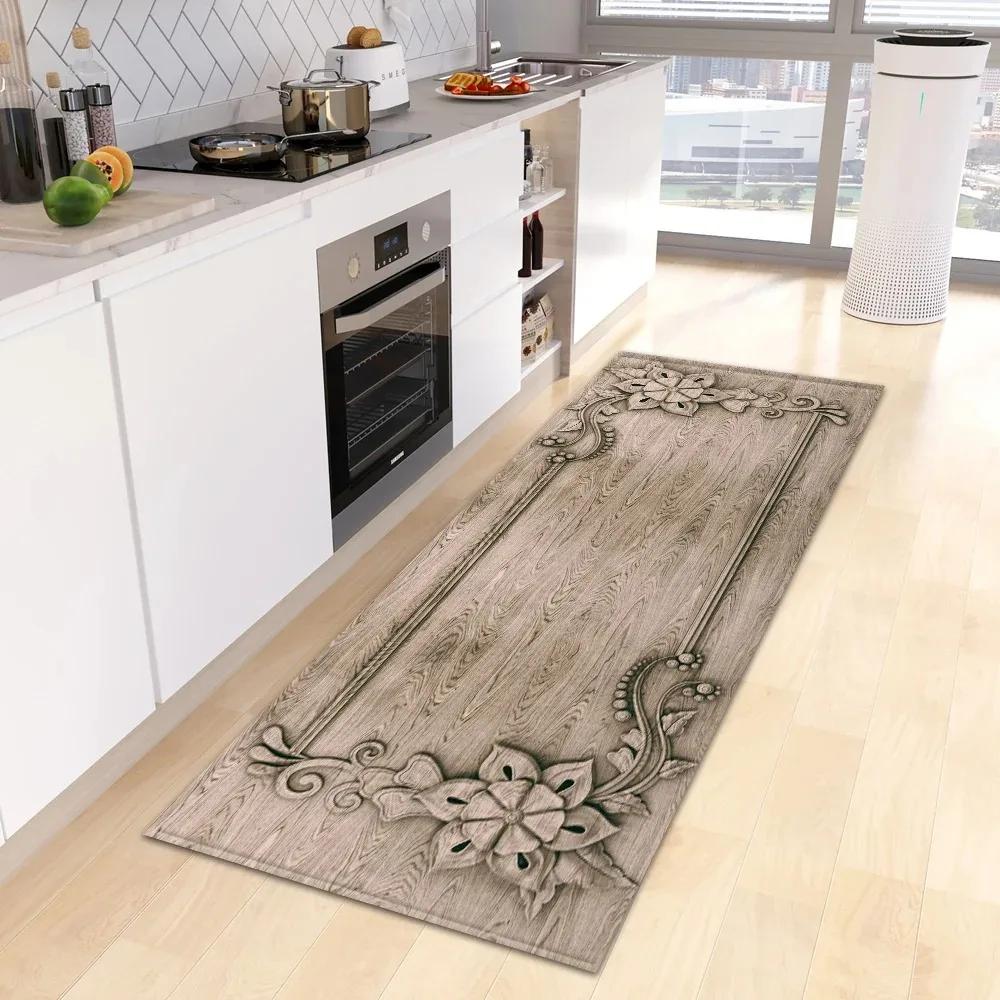 

Trendy Retro Wood Texture Runner Mat Rich Artistic Tree Ring Distressed Carved Dark Grain Rug for Kitchen Bedroom Hallway 40X120CM