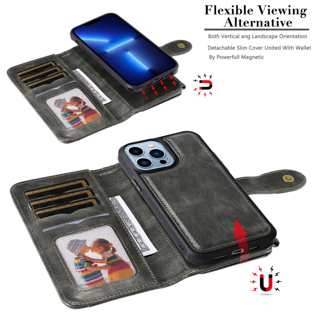 2 v 1 Odnímateľné magnetické puzdro-peňaženka pre iPhone 15 14 13 12 11 Pro Max Peňaženka s držiakom na karty, zipsom, vreckom na drobnosti Preklopný kryt