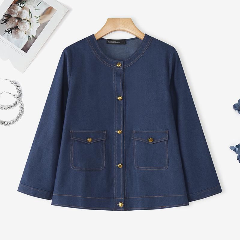ZANZEA Women Casual Round Neck Long Sleeve Vintage Denim Blouse