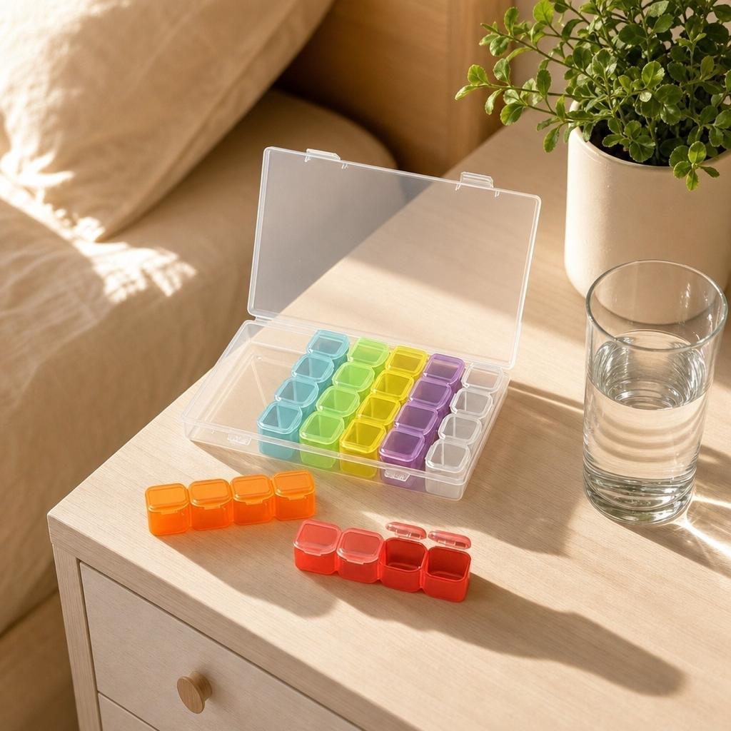 Portable Weekly Pill Organizer with Lid 7 Rows 28 Compartments Compact Pill Box for Daily Medication Storage and Travel Use