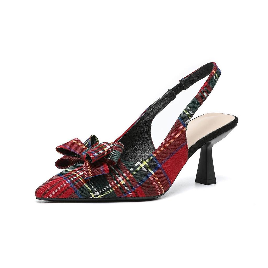 Women's Plaid Slingback Kitten Heels Closed Pointed Toe Bow Tie Slip On Work Pumps Ankle Strap Stiletto Formal Party Wedding Dress Shoes for Women