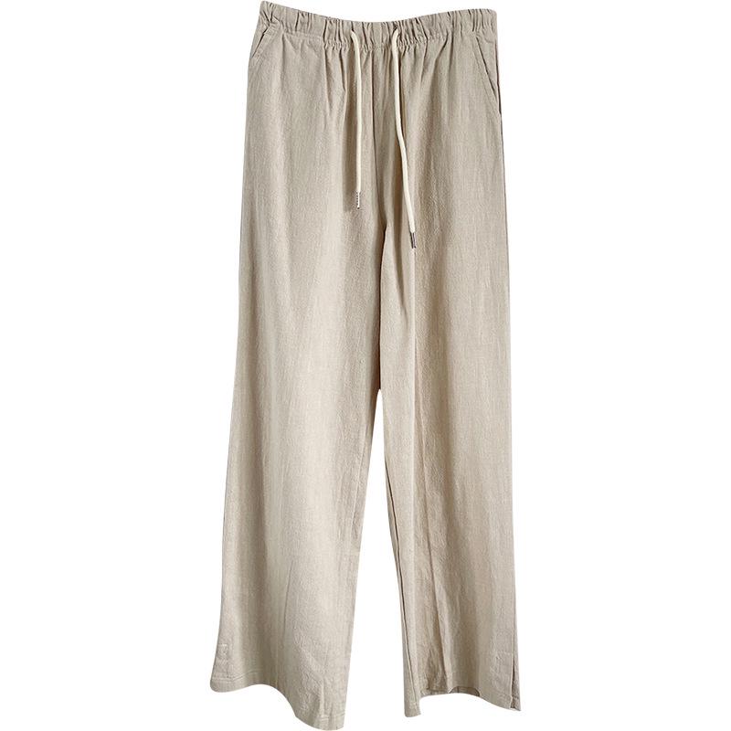 Women's High Waist Cotton Linen Drawstring Pants - Floor-Length, Breathable, Casual, Slimming Straight Leg Trousers for Summer.
