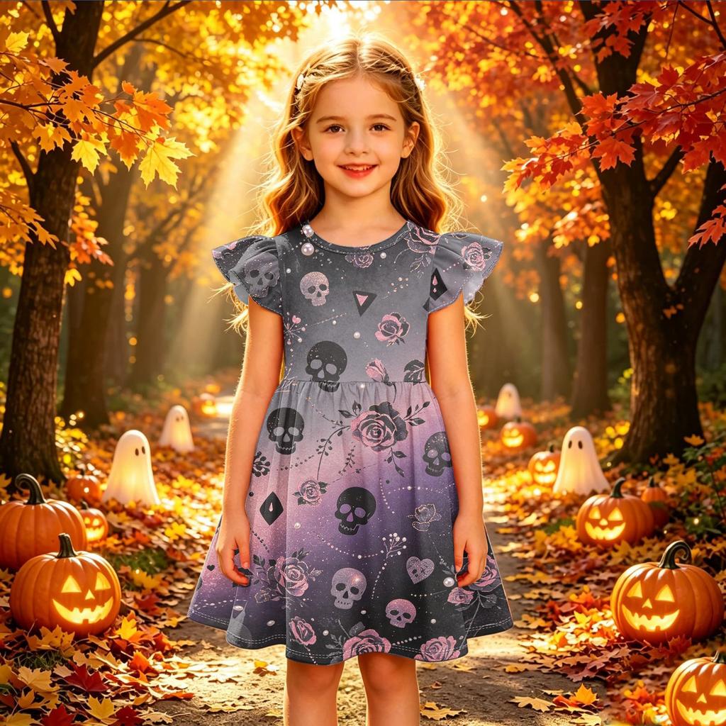 Kids Casual Halloween Printed Sleeve Dress for Party and Holiday