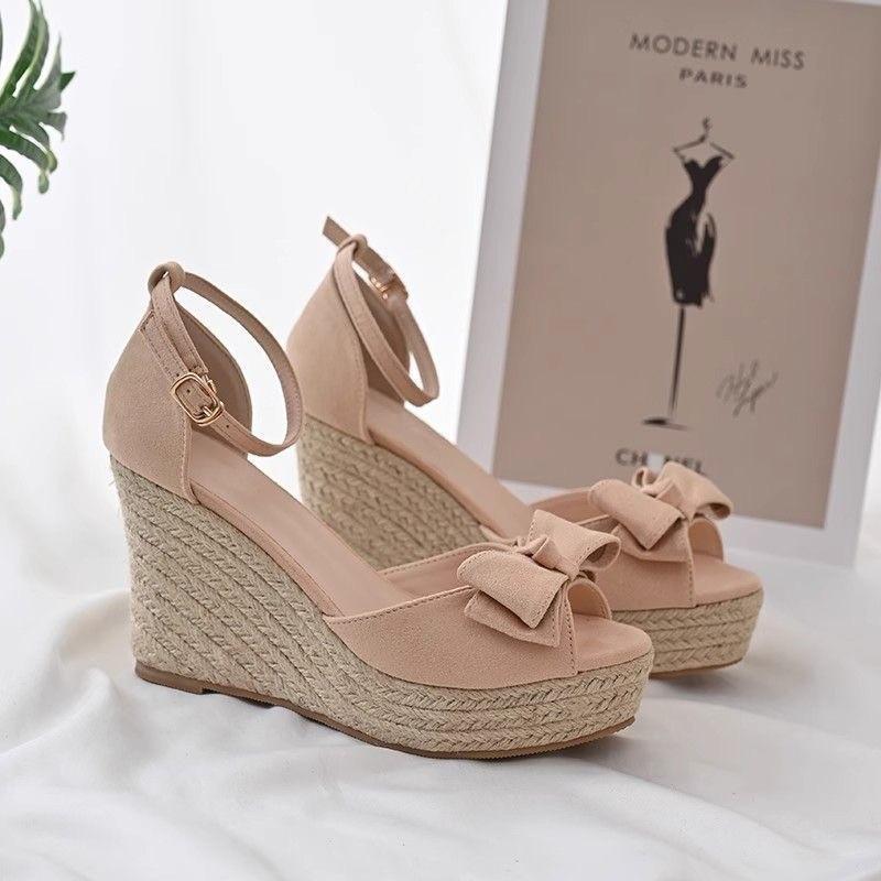 Straw Wedge Heel Sandals Women's Summer Wear 2025 New Small High Bow High Heel Sandals One-word Buckle