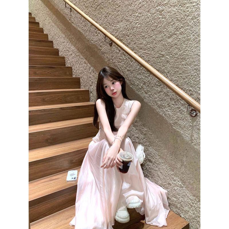 Kumikumi Sweet Style Fake Two Pieces Patchwork Vest One Piece Dress Women Clothing Summer Slimming Pink Large Swing Skirt Long Dress