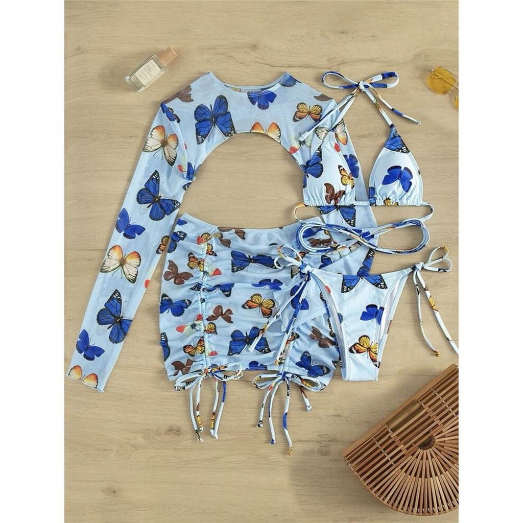 Schmetterling Gedruckt Mit Rock Bikini Frauen Bademode Weiblichen Badeanzug Vier-stück Bikini set Badende Badeanzug Schwimmen Dame