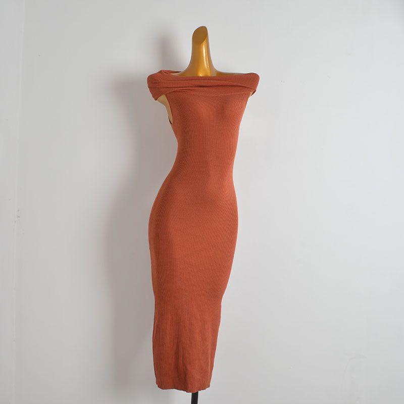 

Western Style Gyaru Sexy off-Shoulder Backless Hollow-out Knitted dress Women clothes Summer Slim fit Split Vest Dress Picture color One size