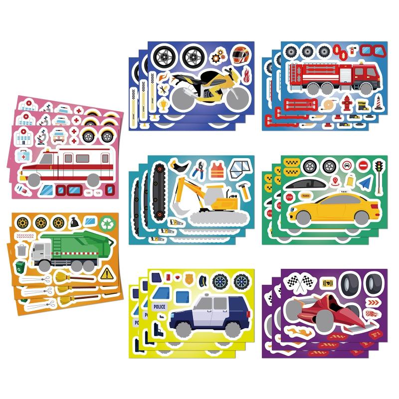 8 Sheets Motorcycle Excavator Various Vehicle Combinations Diy Decal Fire Truck Ambulance Puzzle Stickers Gifts Decoration