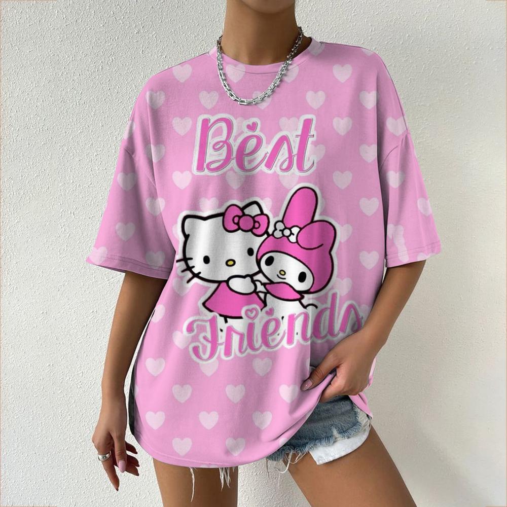 Hello Kitty Tops Aesthetic Women's T-shirts Streetwear Woman Funny Tees Short Sleeves T-shirt Clothing Fashion Girl Festival Top