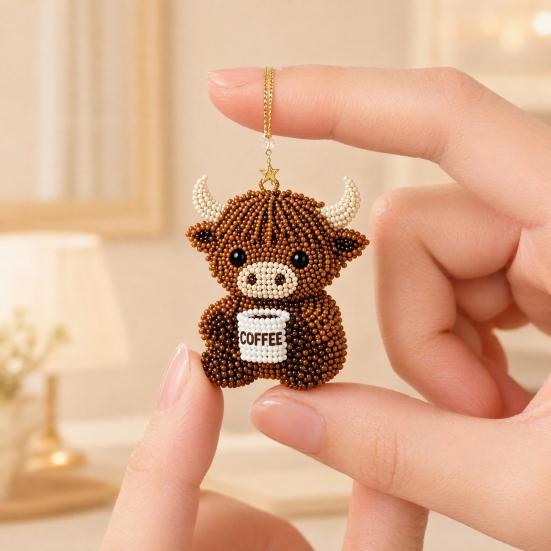 DIY Highland Cow Beading Kit Cute 3d Cow Bead Craft Pendant with Colorful Beads