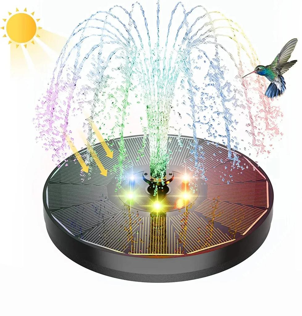 Solar Fountain Water Pump with 12 LED Lights & 1200mAh Battery - 9 Nozzles, Floating Style for Bird Baths, Garden Ponds