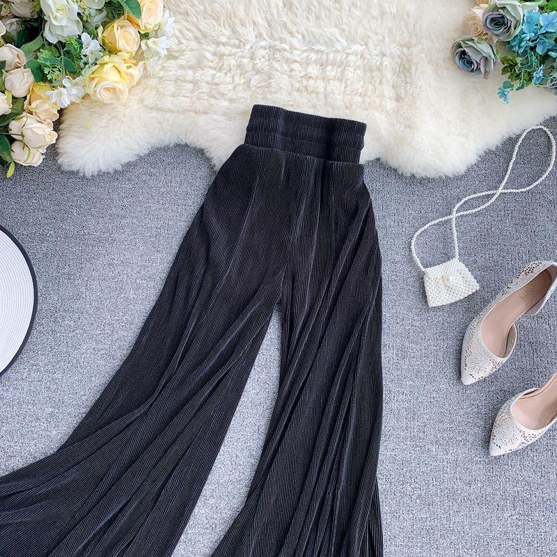 Pantaloni a zampa estivi da donna larghi in garza elastica a vita alta con volant in chiffon da donna pantaloni lunghi neri bianchi femminili
