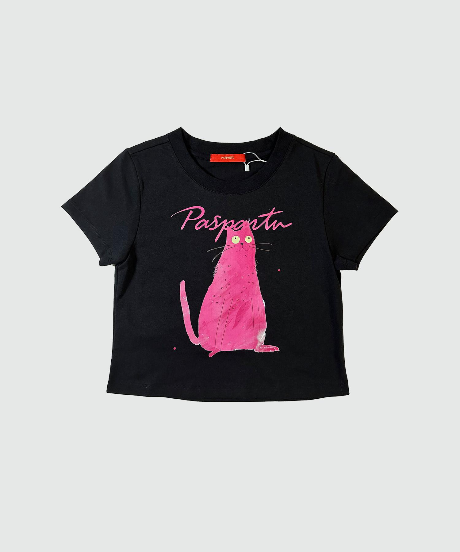 Paspartu Pink Cat Crop Short Sleeve Tee Black