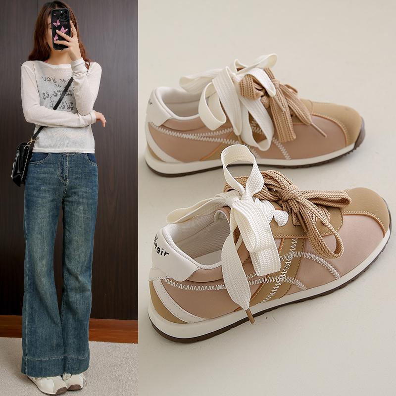 Women's Casual Sports Shoes Fall New Round Head Suede Splicing Front Lace-up Comfortable Flat Shoes