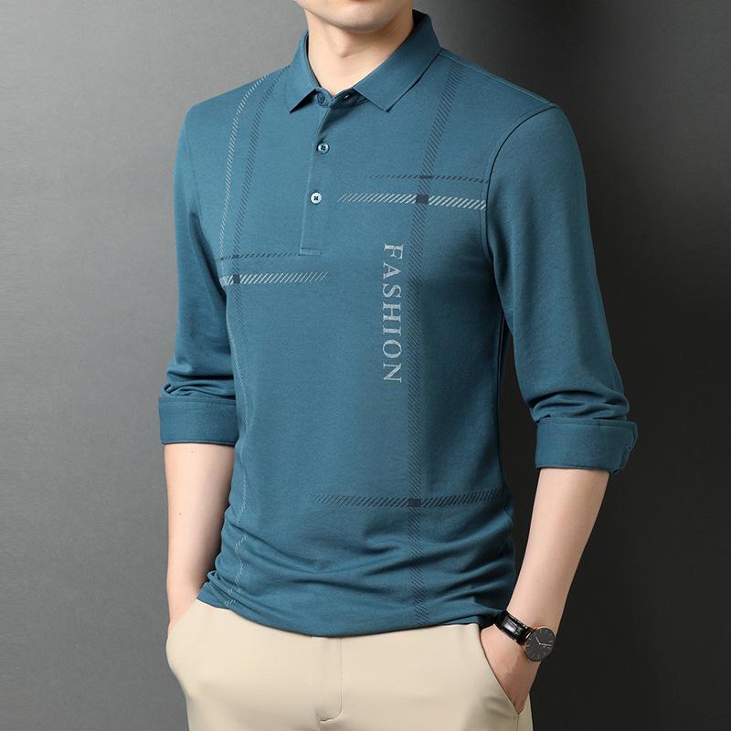 Frühling und Herbst Neues Herren Langarm T-Shirt Jung und Mittelalt Revers Papa Kleidung Locker Gestreiftes T-Shirt Unterhemd